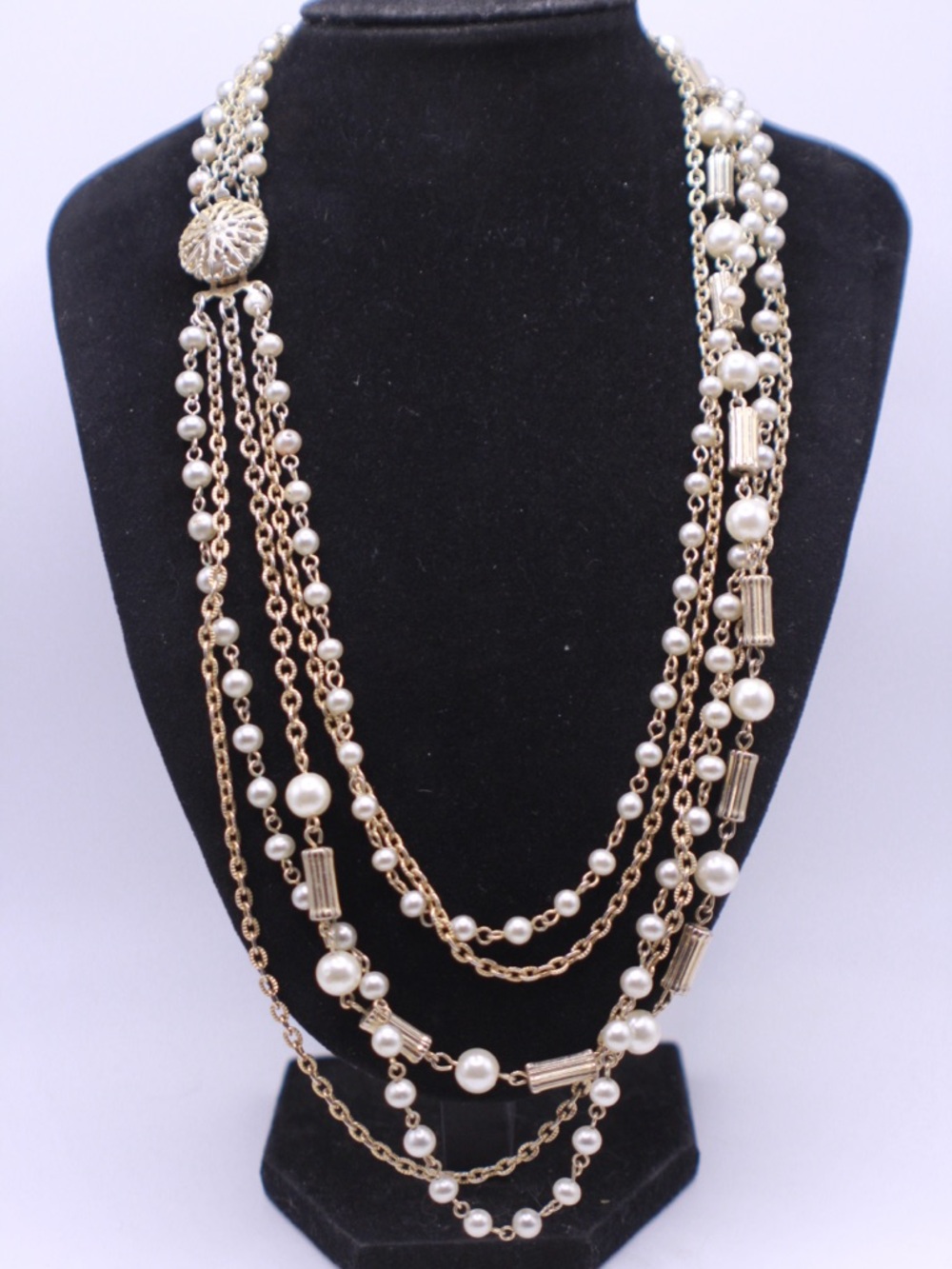 Vintage Multi-Strand Gold tone and Faux Pearl Necklace 20-24”